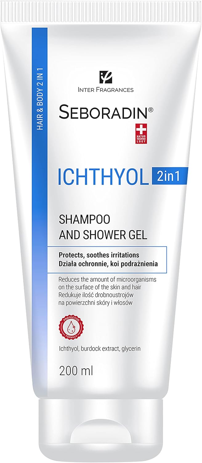 Seboradin ICHTHYOL Anti Dandruff Shampoo and Gel for Atopic Sensitive Skin 2in1 White Ichthyol Burdock Root Extract Glycerine Antibacterial 200 ml