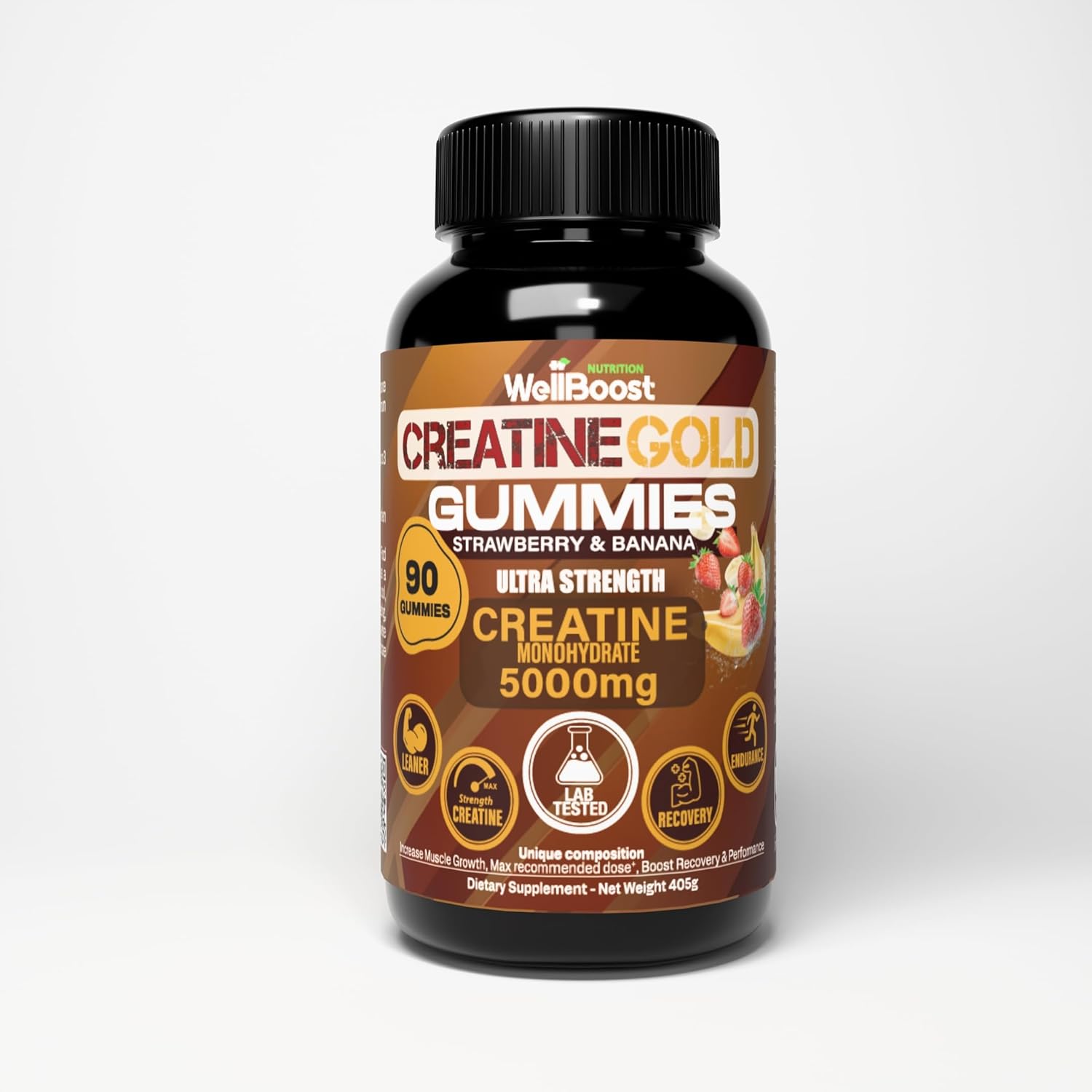 WellBoost Creatine Gold – 5000mg Creatine Monohydrate, Vegan, Sugar-Free Gummies for Lean Muscle Growth, Endurance, Recovery & Energy (1 Month Supply) in Starwberry and Banana Flavour.