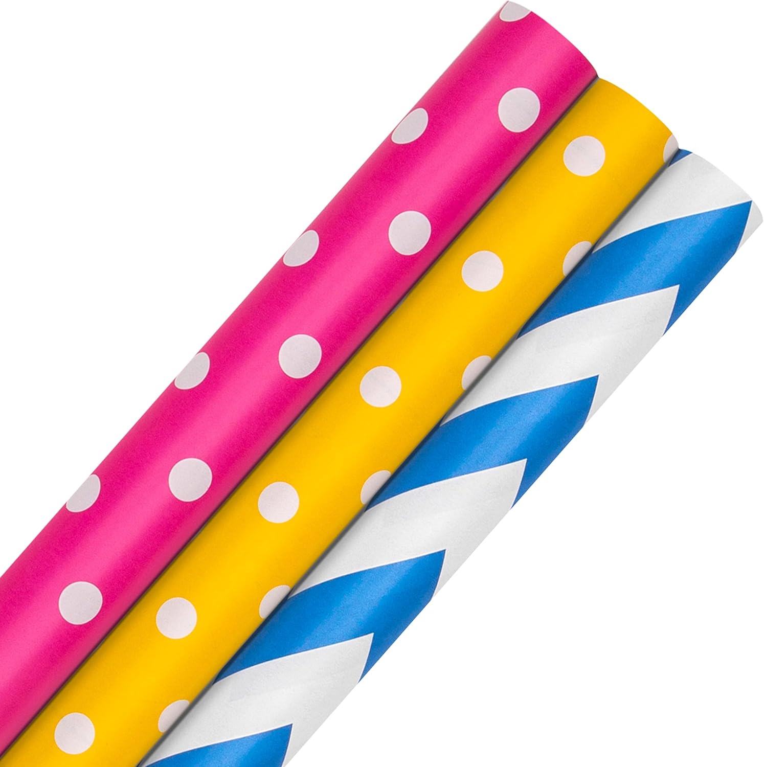 Hallmark Wrapping Paper, Roll Wrap, Pack of 3, 3 Colours, Pink, Yellow, Blue, Polka Dot and Zig Zags, 2M Each