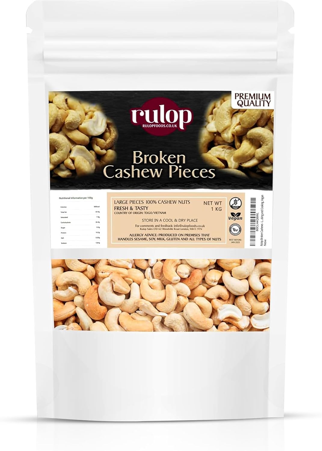Rulop Broken Cashews - Large Pieces (1kg) - Premium Quality, Perfect for Snacking and Cooking, Vegan
