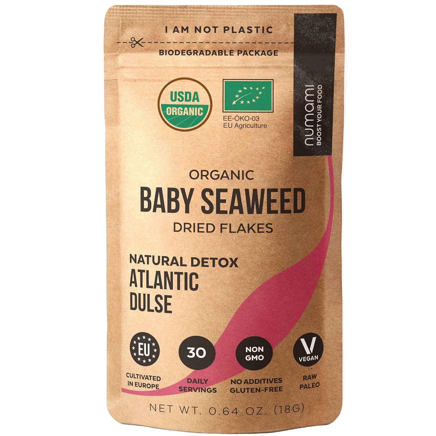 Organic Atlantic Dulse Flakes - Young Baby Seaweed Grown in North Atlantic, Vacuum Dried Premium Quality. Soft Texture & Mild Taste. Add 1 tsp to your dish for daily vitamins/minerals. 30 Servings