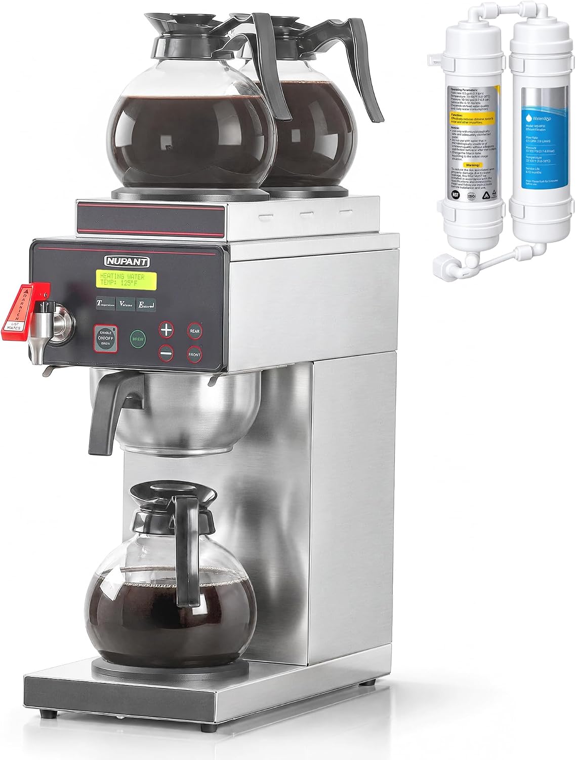 NUPANT 12 Cup Commercial Drip Coffee Maker with Water Line Filter Auto-Fill Stainless Steel Coffee Machine, Hot Water Dispenser, 3 Warmers 3 Carafes, Temp./Cup Control LCD Screen for Restaurant Office