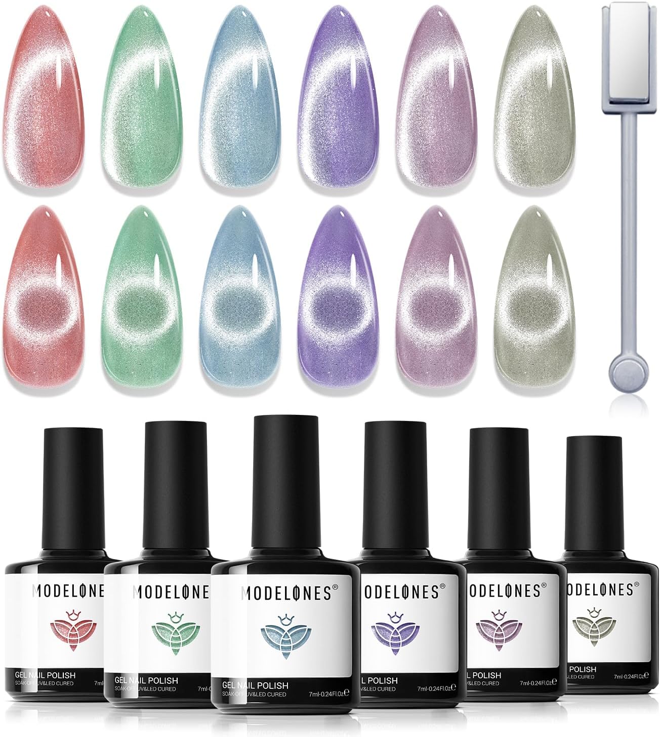Modelones Cat Eye Gel Nail Polish Set, 6 Colors Holographic Red Blue Purple Silver Glitter 9D Magnetic Gel Polish Pink Shimmer Summer with Magnet Nail Art DIY Salon For Women