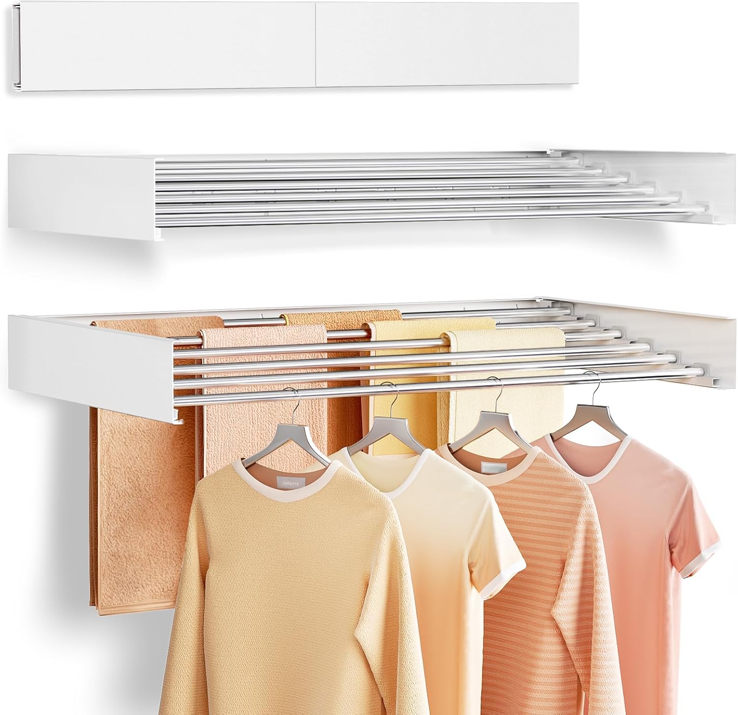 Wall Mounted Clothes Drying Rack Folding Indoor, Foldable Laundry Drying Rack Collapsible,Invisible, Space Saving, Retractable Towel Drying Rack, with Wall Template(6 Drying Rods, White 40")