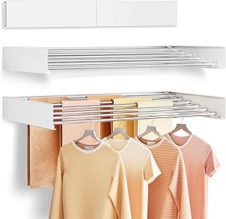 Wall Mounted Clothes Drying Rack Folding Indoor, Foldable Laundry Drying Rack Collapsible,Invisible, Space Saving, Retractable Towel Drying Rack, with Wall Template(6 Drying Rods, White 40")