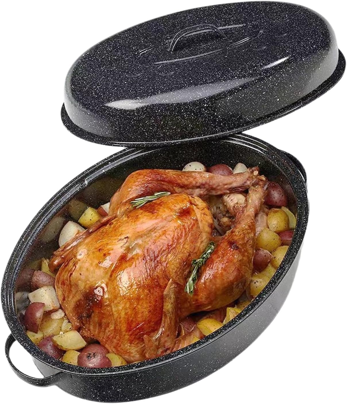 Turkey Roaster Pan 18in Roasting Pan With Lid Enamel Carbon Steel Roaster Pot with 16in Inner Diameter,18 pound large capacity Resistance up 900°F Oval Cookware