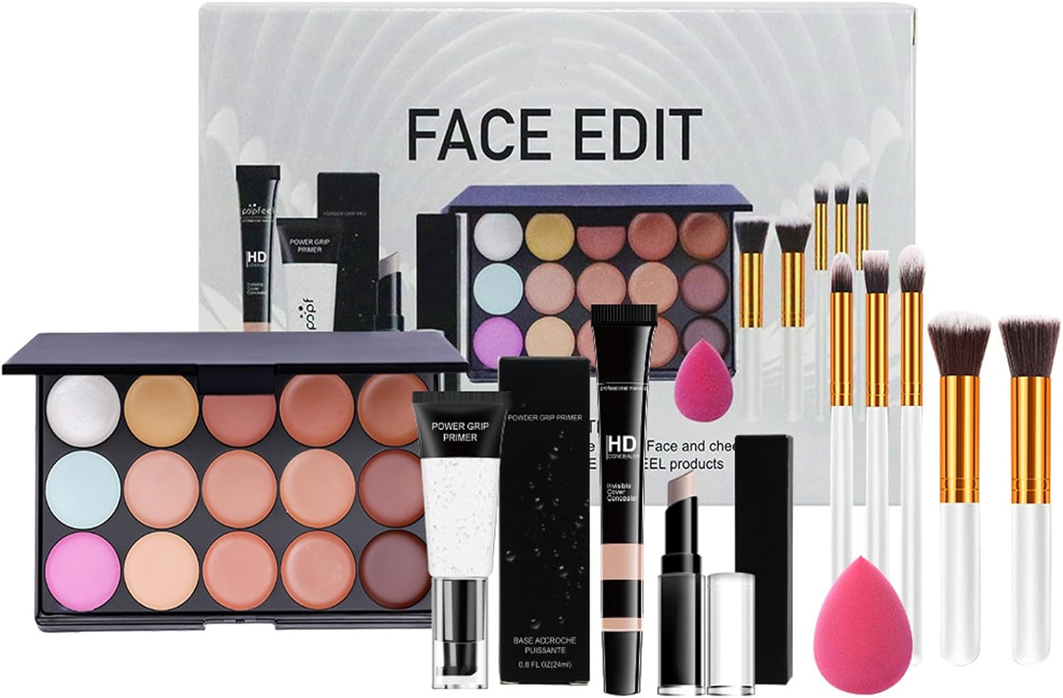 All in One Makeup Set, 15 Colors Concealer Palette with Primer Concealer Stick Puff Oval Brush, Cosmetic Make up Gift Set for Women Beginners,Full kit makeup set for Teenage & Adults