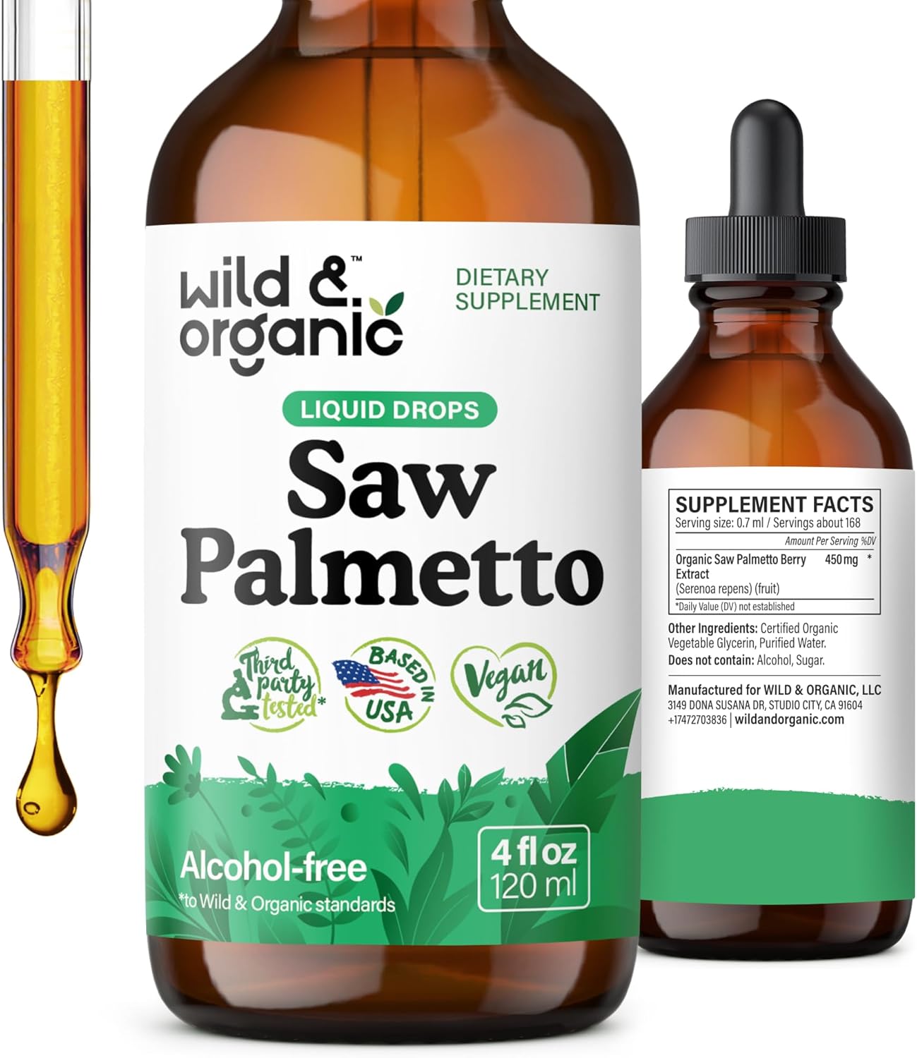 Wild & Organic Saw Palmetto Tincture - Saw Palmetto Extract Supplement for Men & Women - Liquid Powder Based Drops - Serenoa Repens Berries - Vegan, Sugar & Alcohol-Free - 4 fl oz