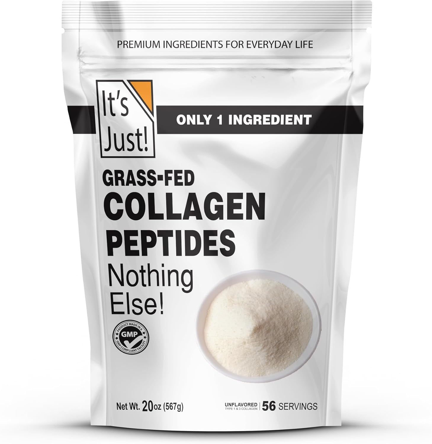It's Just! - Collagen Protein Powder, 1.25lbs, Type I & III, Pure Hydrolyzed Grass-Fed Collagen Peptides, Dissolves Quickly, Unflavored, Heavy Metal Tested