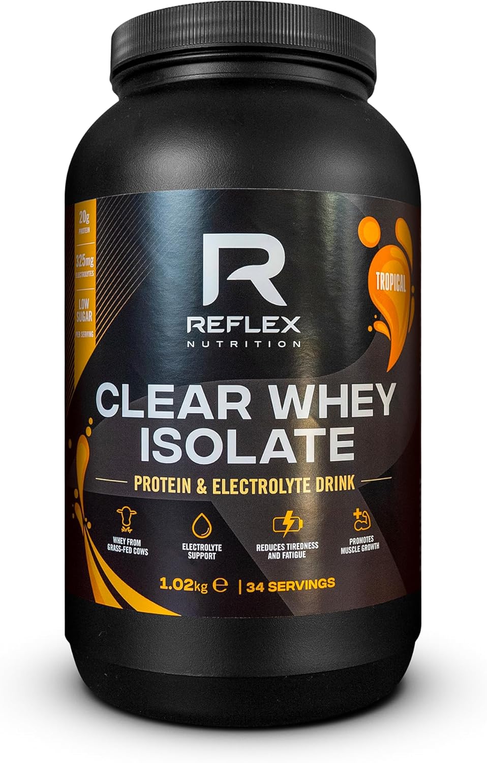 Reflex Nutrition Clear Whey Isolate Protein Powder - 20g of Protein, Low Sugar, Low Fat - Muscle Growth & Hydration - Light and Refreshing - Fruit Juice Style Flavours (Tropical, 1.2kg, 34 Servings)