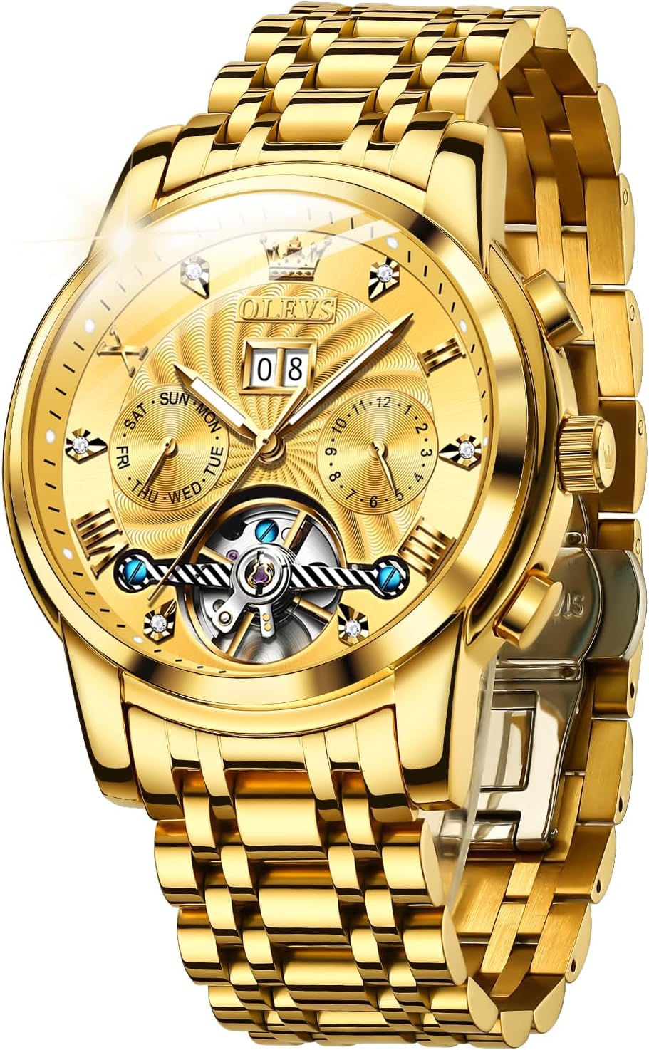 OLEVS Automatic Gold Watches for Men Luxury Classic Stainless Steel Calendar Luminous Waterproof Watches for Men