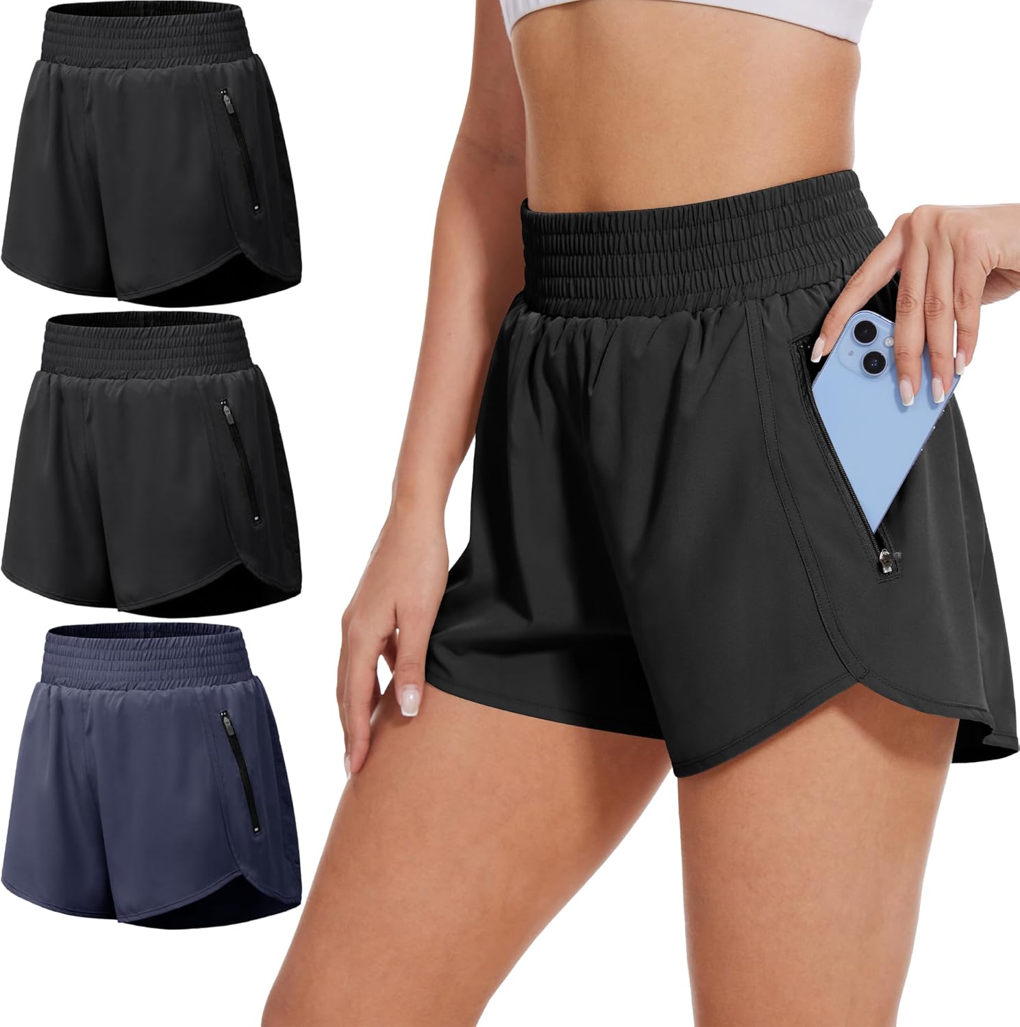 BALENNZ Women's Athletic Workout Shorts with Zipper Pockets Activewear Elastic Waist Gym Running Shorts