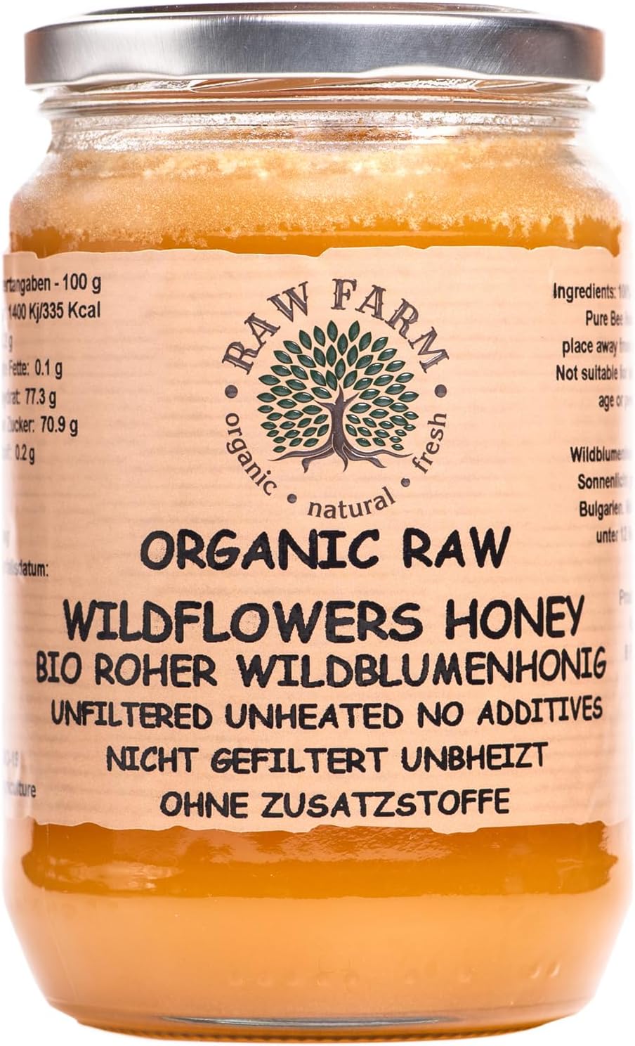 900 g Organic Raw Pure Wildflowers Honey - Unfiltered, Unheated, Unprocessed, Cold-Extracted – Rich in Enzymes & Pollen, Straight from RAW FARM Bee hives (900, Organic Wildflowers)
