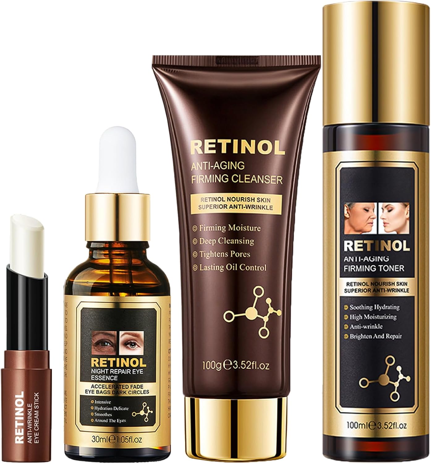 Retinol Skincare Set, Anti-Wrinkle Facial Kits For Women, Hydrating & Renewal Gift Set Include Cleanser,Toner,Retinol Eye Stick,Serum, Skin Care Sets & Kits Perfect For Him/Her (4pcs)