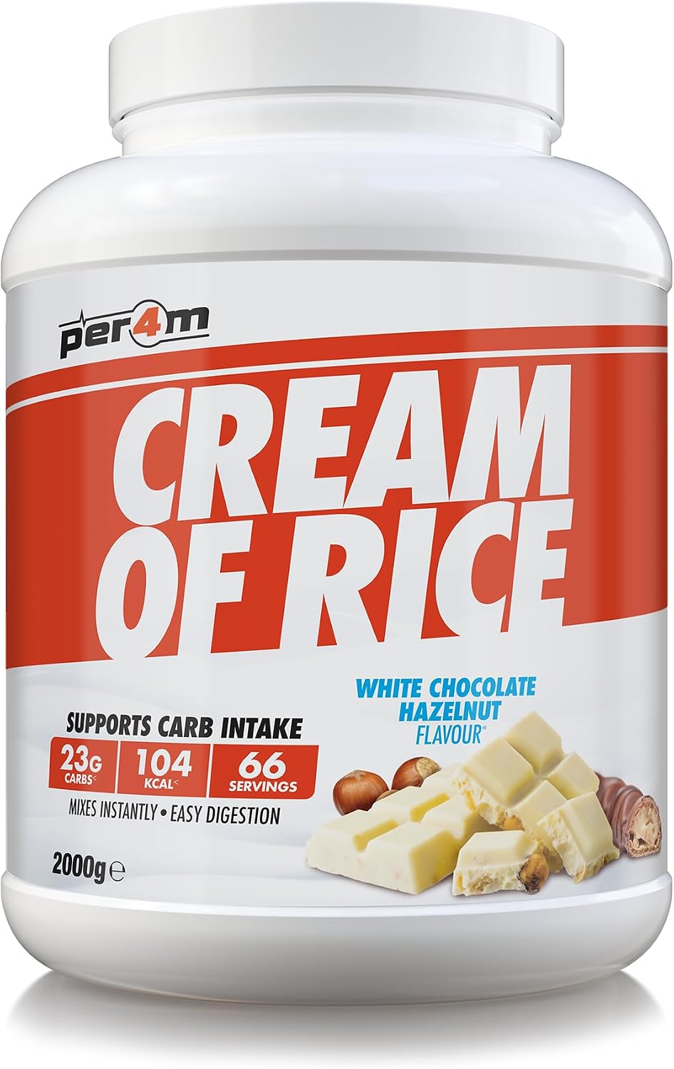 Per4m Protein Cream of Rice | Easy-to-Digest Complex Carbohydrate | Gluten-Free, Plant-Based Smooth Rice Porridge | Ideal Pre- or Post-Workout (2kg (Pack of 1), White Chocolate Hazelnut)