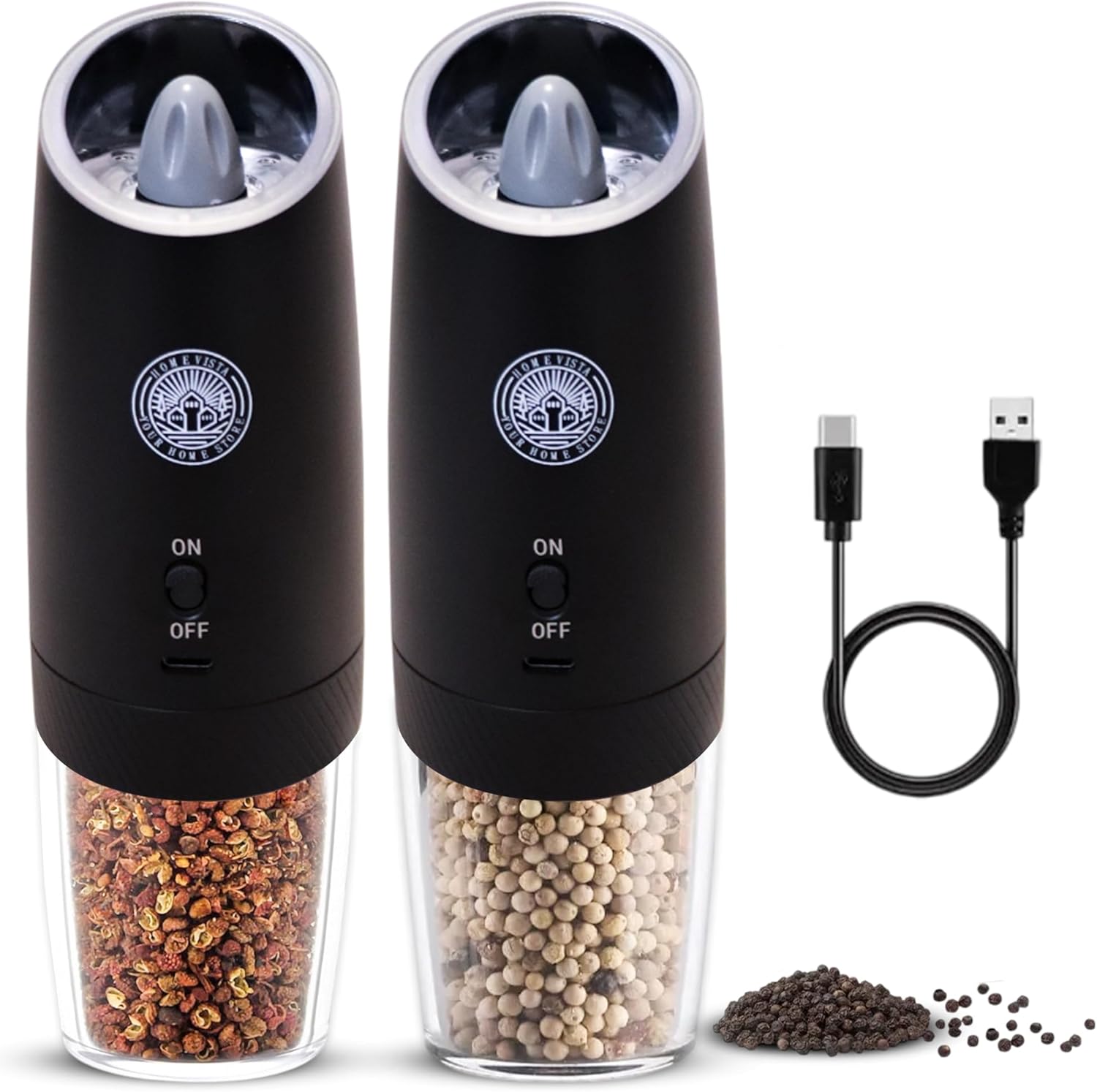 Home Vista Electric Salt and Pepper Grinder Set, Automatic Pepper Mill, USB Rechargeable, One-Handed Operation, Refillable, Auto Grinders for Arthritis Hands, BLK