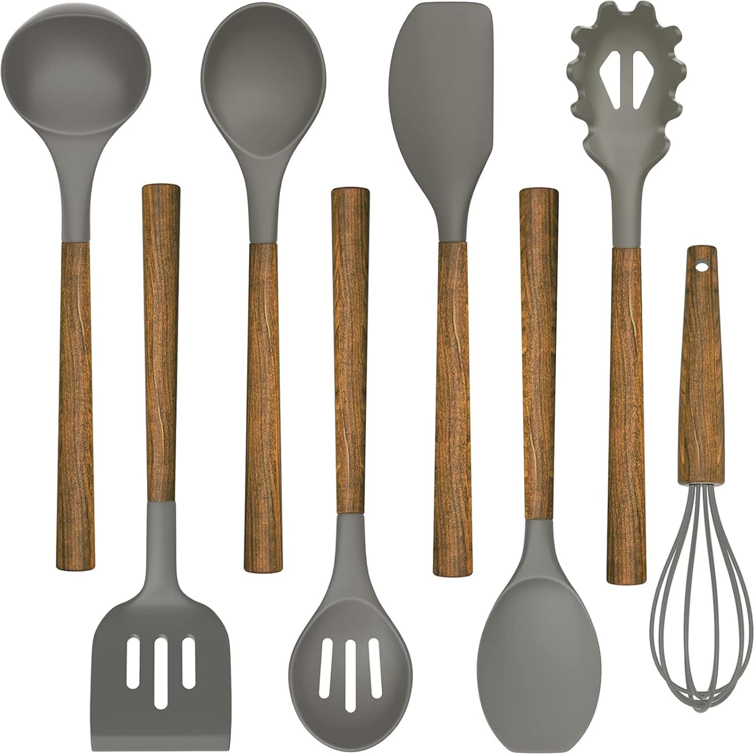 Umite Chef Silicone Cooking Utensil Set, 8-Piece Kitchen Utensils Set with Natural Acacia Wooden Handles,Food-Grade-Silicone Kitchen Gadgets and Spatula Set for Nonstick Cookware - Grey