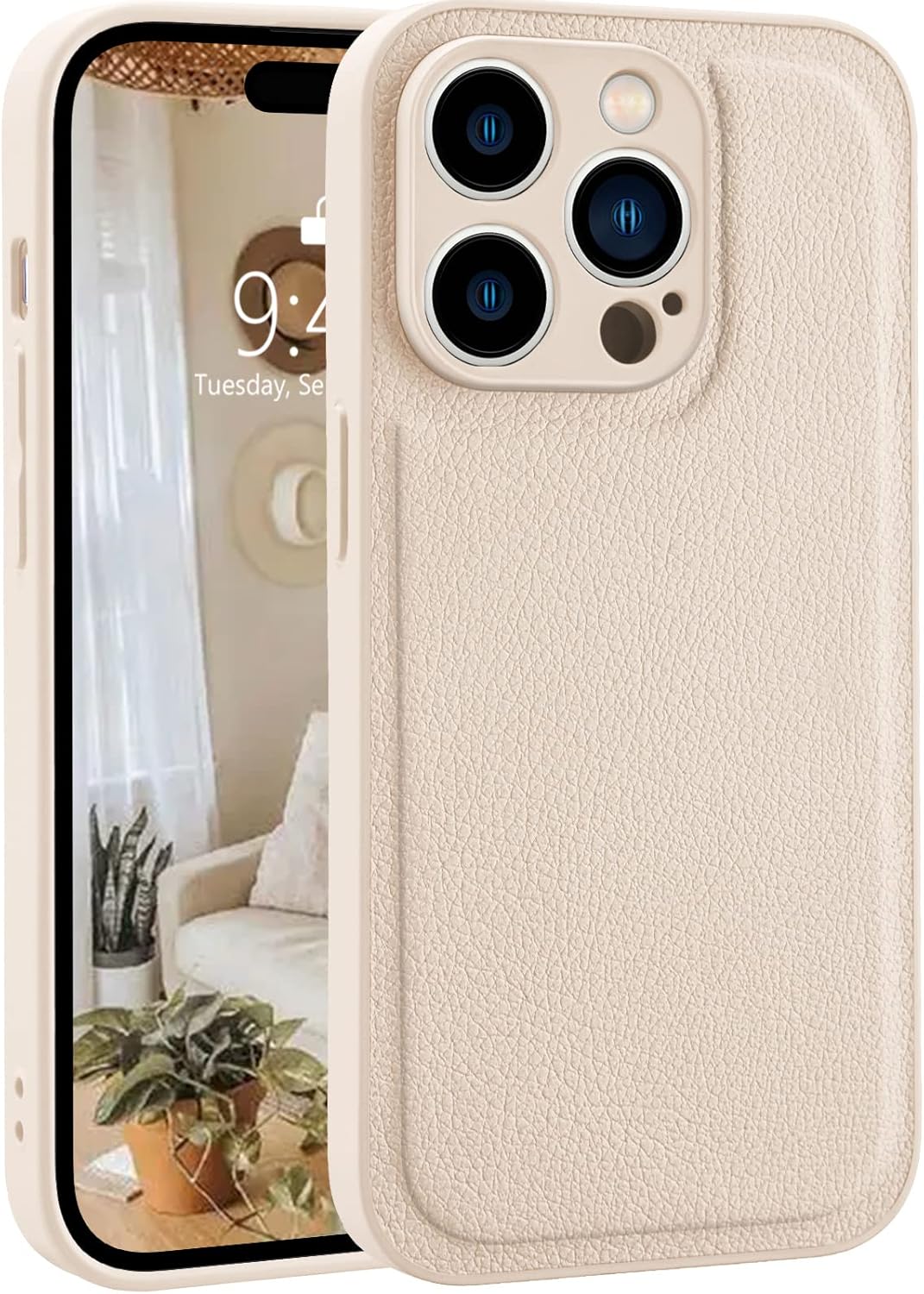 MAYCARI Compatible with iPhone 15 Pro Leather Phone Case for Women, Fashion Solid Luxury Case, Classic Design Shockproof Slim Case Cover, Anti-Scratch Protective Case for iPhone 15 Pro 6.1" - Beige