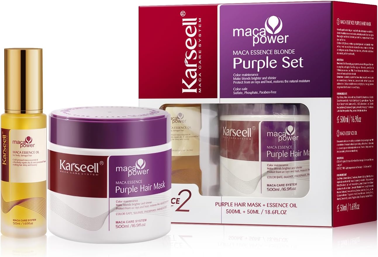 Karseell Purple Hair Mask with Hair Oil Moroccan Argan Oil Set, Remove Yellow Tones Deep Nourish for Blonde Silver Gray Hair, 50ml + 500ml