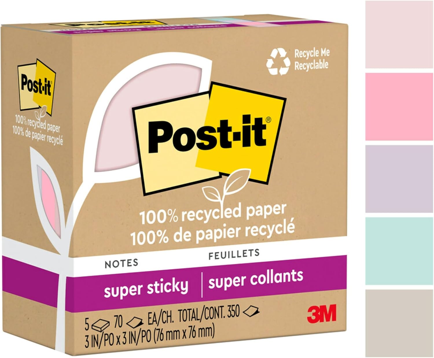 Post-it 100% Recycled Paper Super Sticky Notes 2X The Sticking Power 3x3 in 5 Pads 70 Sheets/Pad Wanderlust Pastels Collection (654R-5SSNRP)
