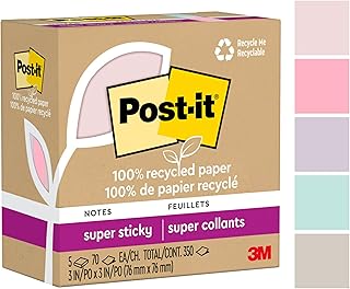 Post-it 100% Recycled Paper Super Sticky Notes 2X The Sticking Power 3x3 in 5 Pads 70 Sheets/Pad Wanderlust Pastels Collection (654R-5SSNRP)