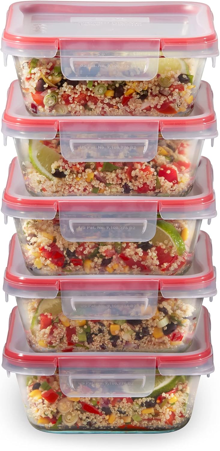 Pyrex Freshlock (5-Pack, 4 Cup) Glass Food Storage Containers Set, Airtight & Leakproof Plastic Locking Lids BPA-Free, Meal Prep Containers Set, Freezer Dishwasher Microwave Safe
