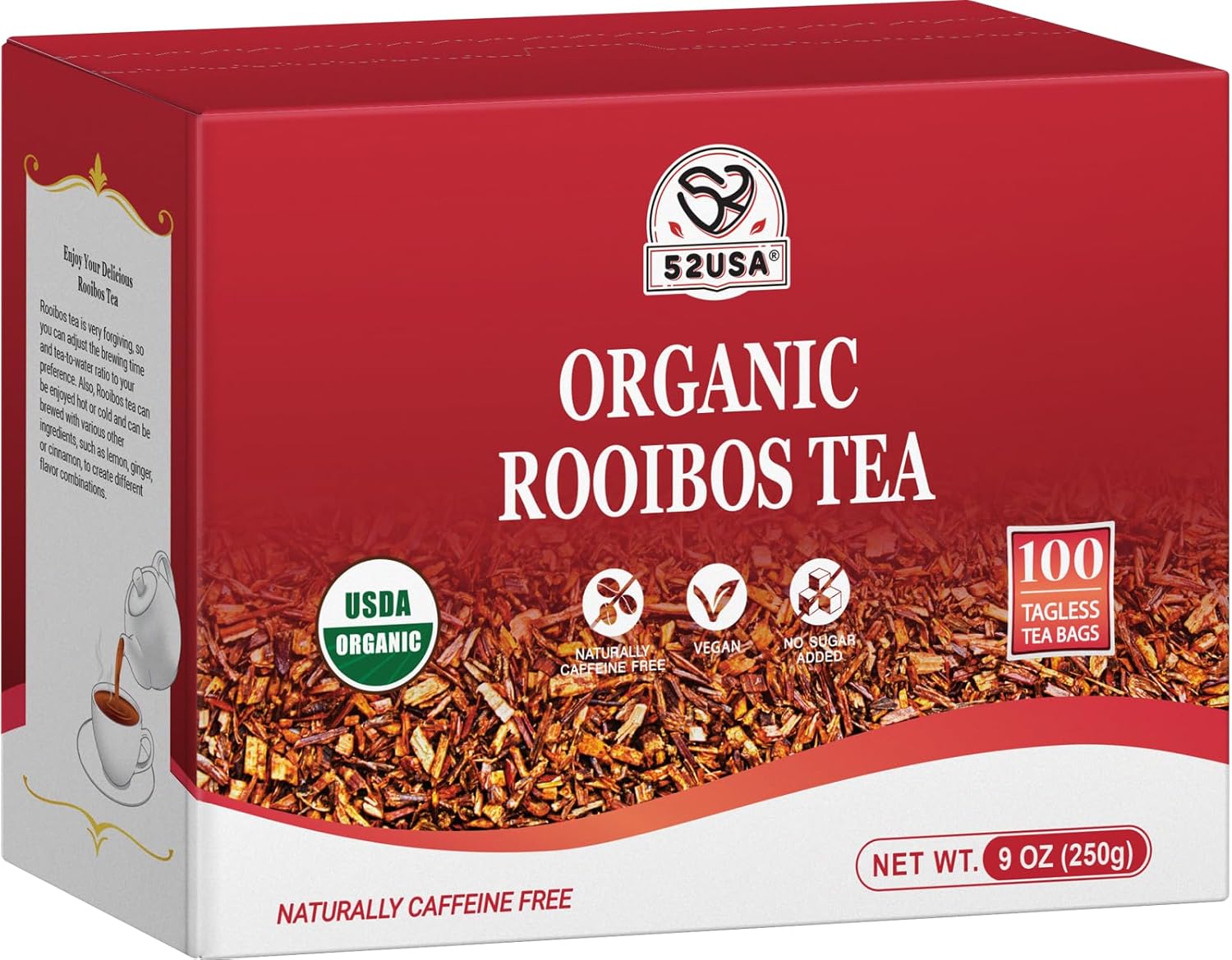 52USA Rooibos Tea Organic, 100 Tea bags, Pure Premuim Rooibos Tea, Naturally Sweet Herbal Tea, Caffeine Free Rooibos Tea, Farmed in South Africa, 9oz (250g)