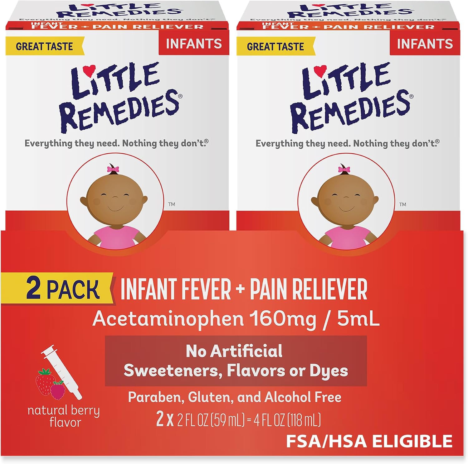 Little Remedies Infant Fever & Pain Reliever with Acetaminophen, Baby Medicine with No Artificial Sweeteners, Flavors or Dyes, Natural Berry Flavor, 2 Fl Oz, Pack of 2
