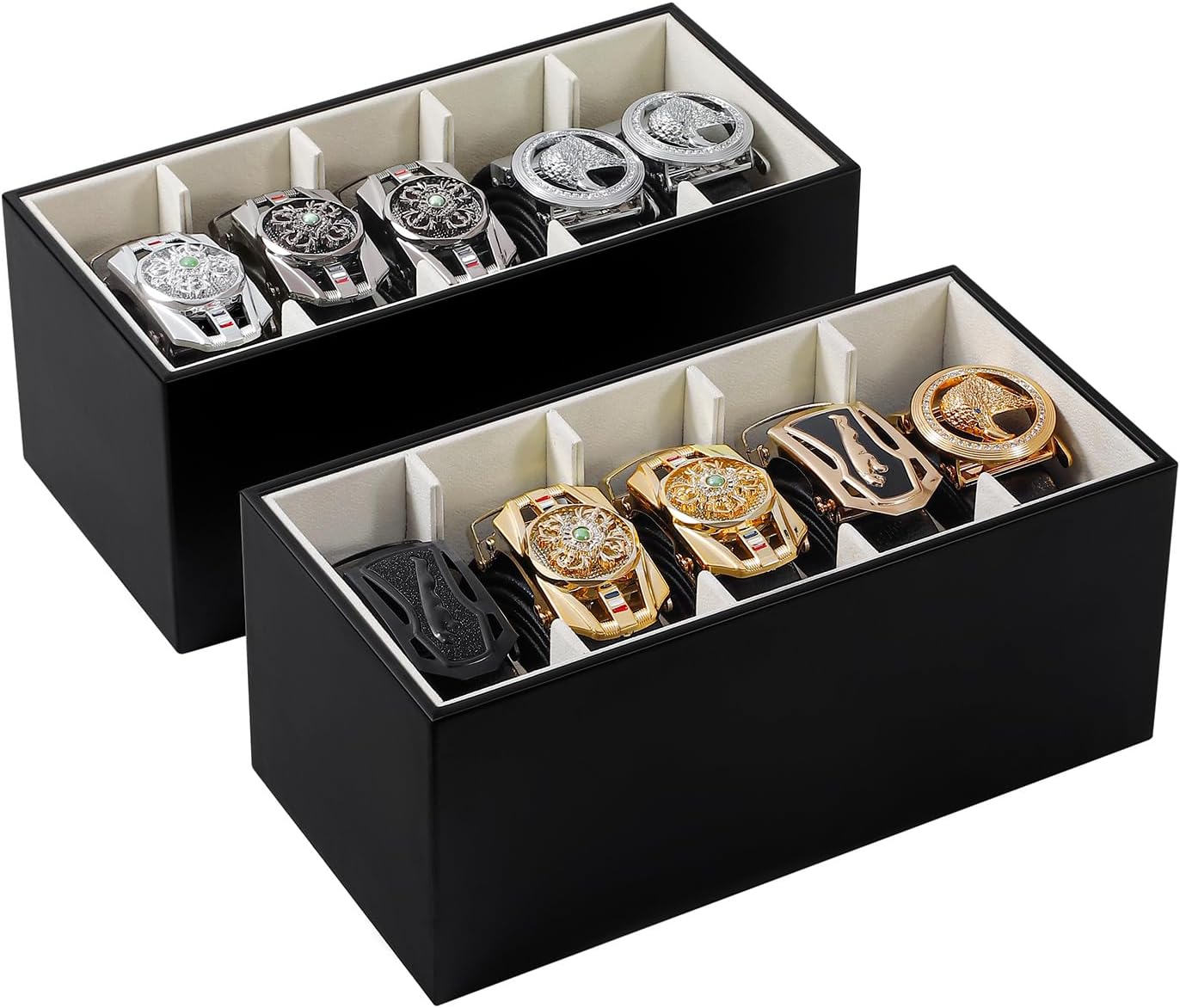 2 Packs Leathers Belt Organizer for Closet and Drawer, Stackable 5 Grids Dresser Drawer Organizers, Belt Tie Holder for Men,Tie Box-Black