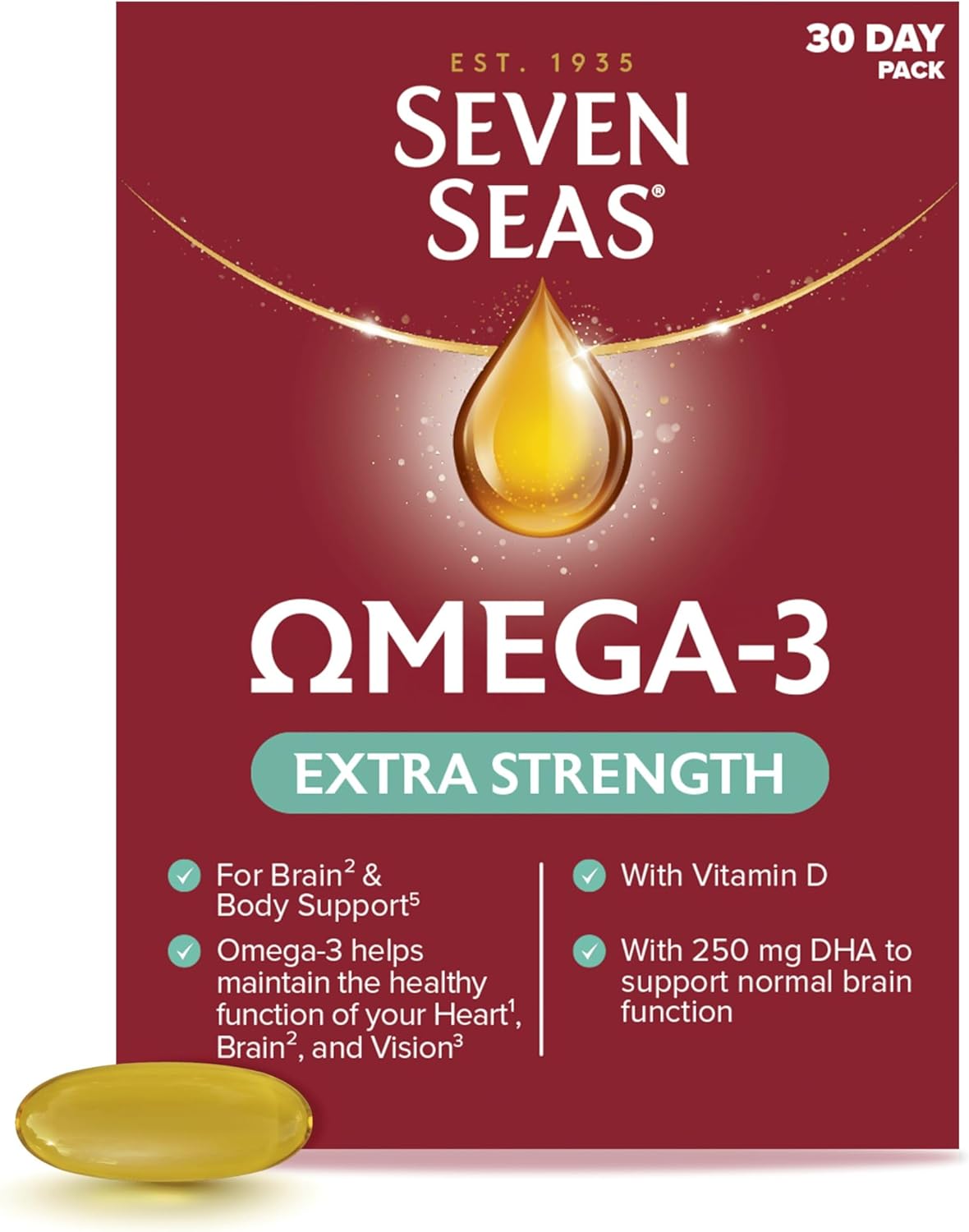 Seven Seas Omega-3 Fish Oil, Extra Strength, Omega 3 plus Vitamin D For Whole Body Healthplus, 30 One-A-Day Capsules, 1 Month Supply