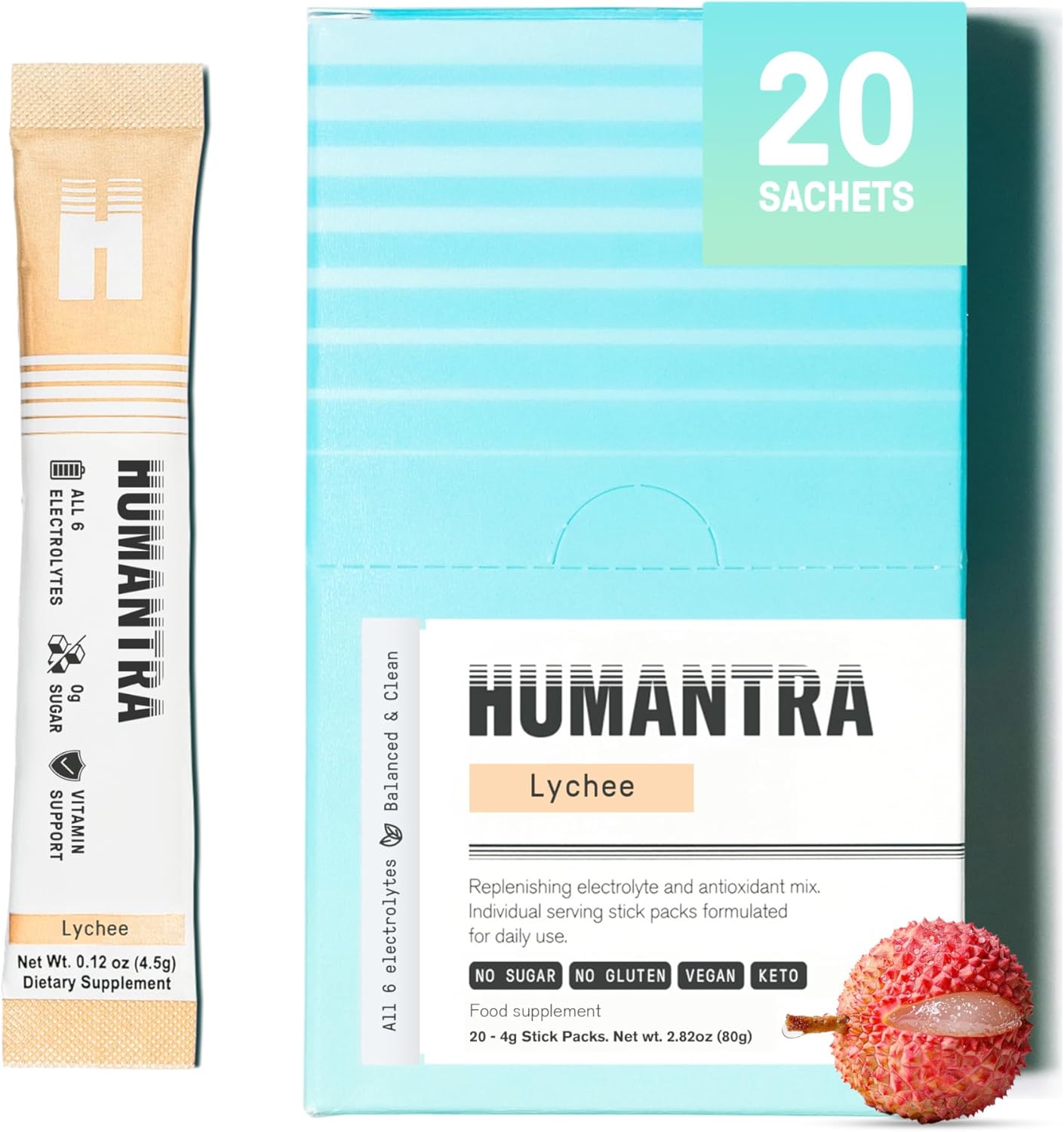 Humantra Hydration Packets | Zero Sugar Electrolyte Hydration Multiplier w/Essential Minerals & 6 Electrolytes | Electrolytes Powder (20 Count, Lychee)