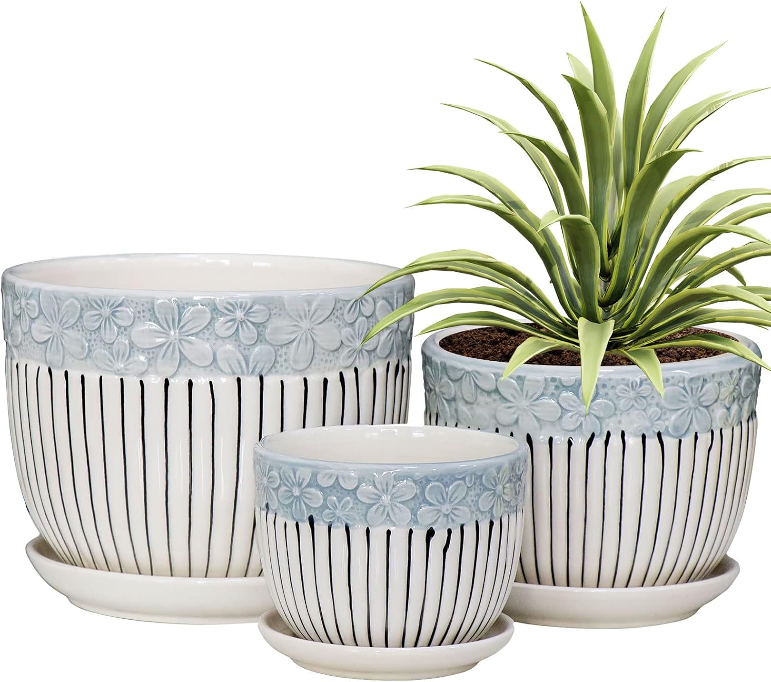 Ton Sin Grey Flower Pots,Texture Planter for Indoor Plants Set of 3 Ceramic Flower Pots with Saucer,Cute Garden Pots Succulent Pots(3 Pack,Grey