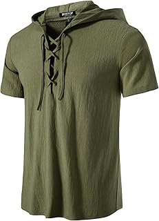 Men's Cotton Vintage Hooded Design Short Sleeve Lace up Shirts for Renaissance Pirate Viking Medieval Costume