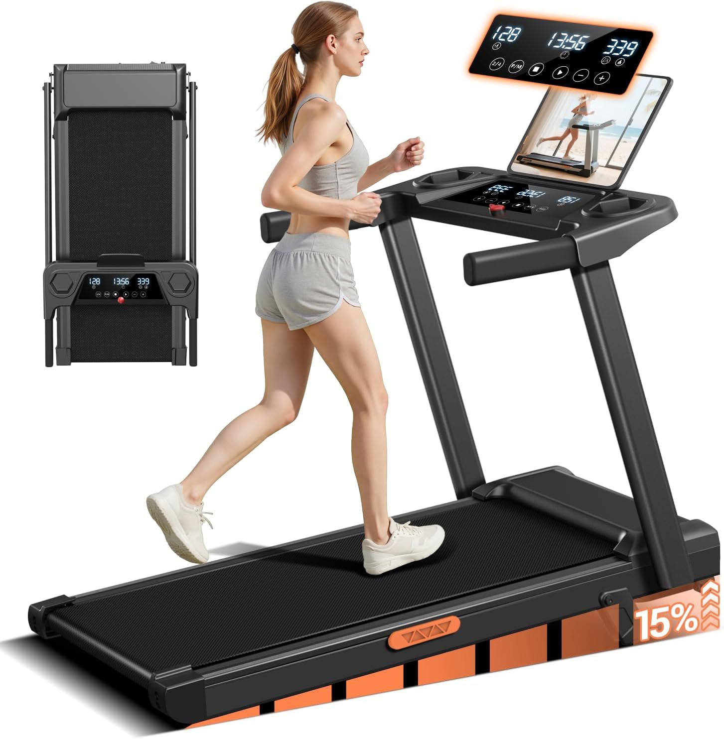 Treadmill with 15% Incline, 3-in-1 Portable Treadmills with Handle for Home and Office, Foldable Treadmills with 136 KG Weight Capacity, 3.0HP Quiet Walking Pad Treadmill, Three Touch Screen