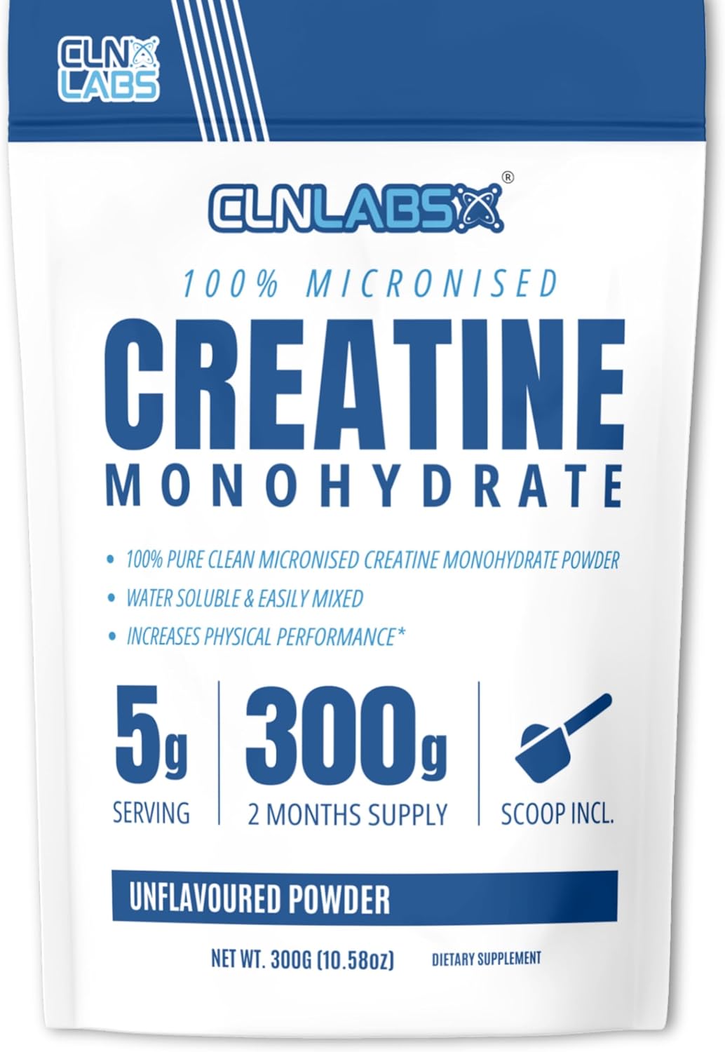 Creatine Monohydrate Powder - 300g (60 x 5g Servings) | 200 Mesh Fine Grade Powder, Pure & Mixes Easily | Includes Scoop | Unflavoured | Made in The UK by CLN Labs
