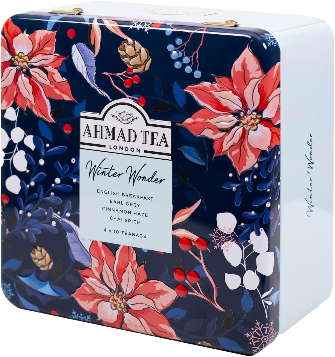 Ahmad Tea Christmas Selection Caddy – 40 Teabags: English Breakfast, Earl Grey, Cinnamon Haze & Chai Spice | Festive Tea Sampler Gift Tin | Winter Wonderland Collection