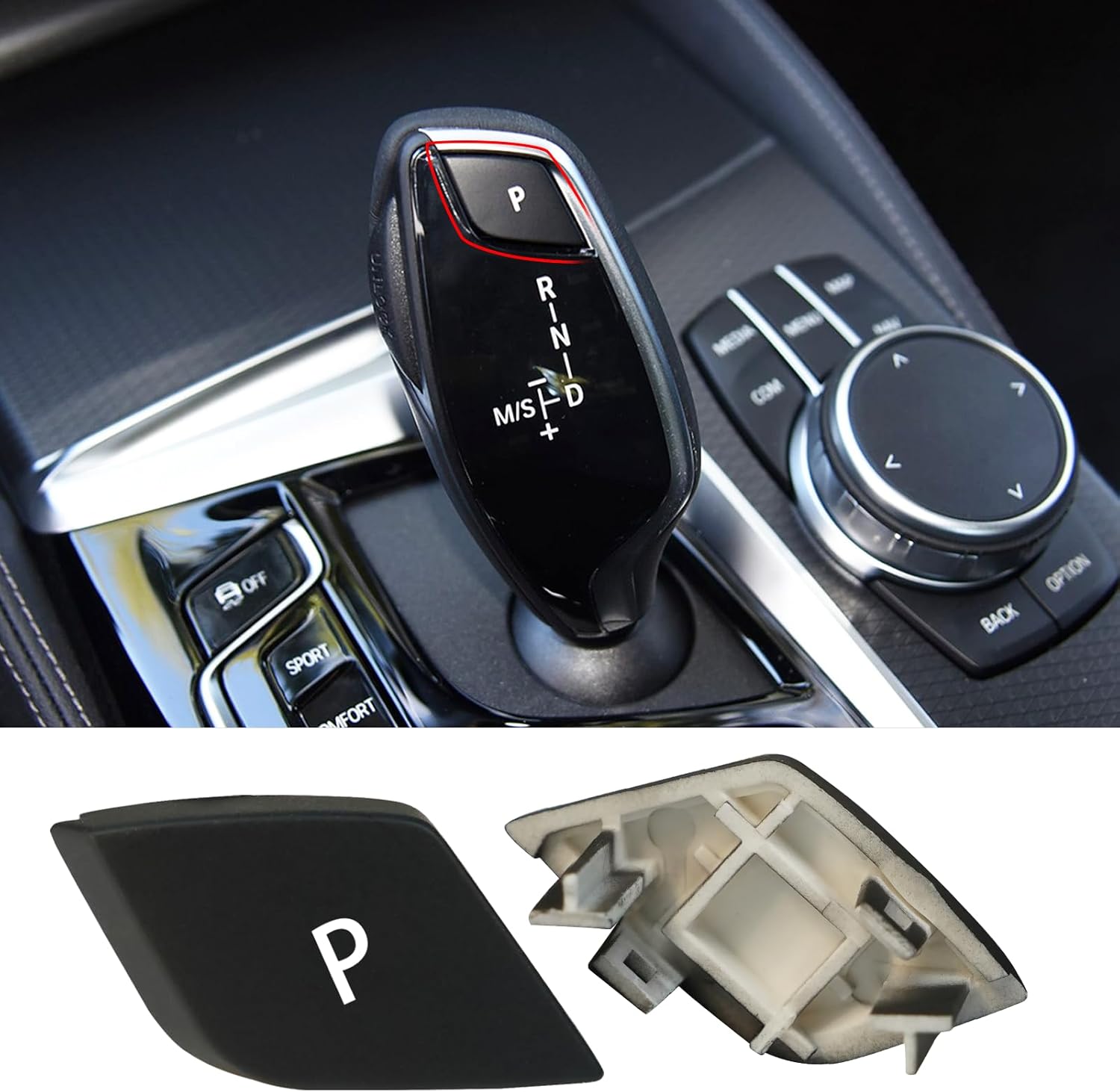 Jaronx Compatible with BMW Gear Shift P Button for 5' G30 G31 G38/ 6’ GT G32/ 7' G11 G12/ X3 G01 G08/ X4 G02, Gear Shift Parking Button Replacement for BMW 61316817624 61316817622 (Matte Black)