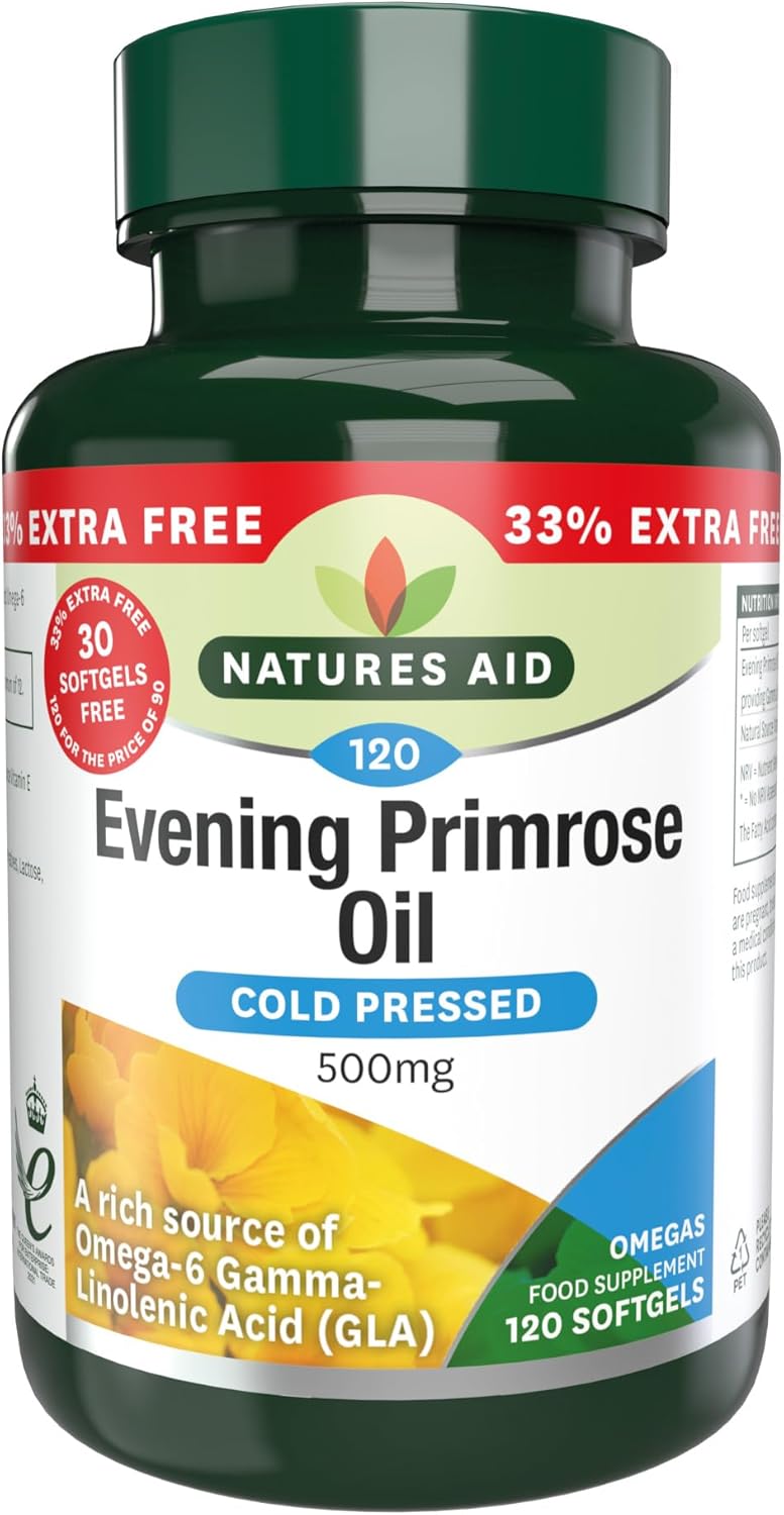 Natures Aid Evening Primrose Oil 500mg – Cold Pressed Omega-6 GLA – Supports Hormonal Balance, Skin Health & Anti-Inflammatory Function – Non-GMO, Gluten-Free – 120 Softgels