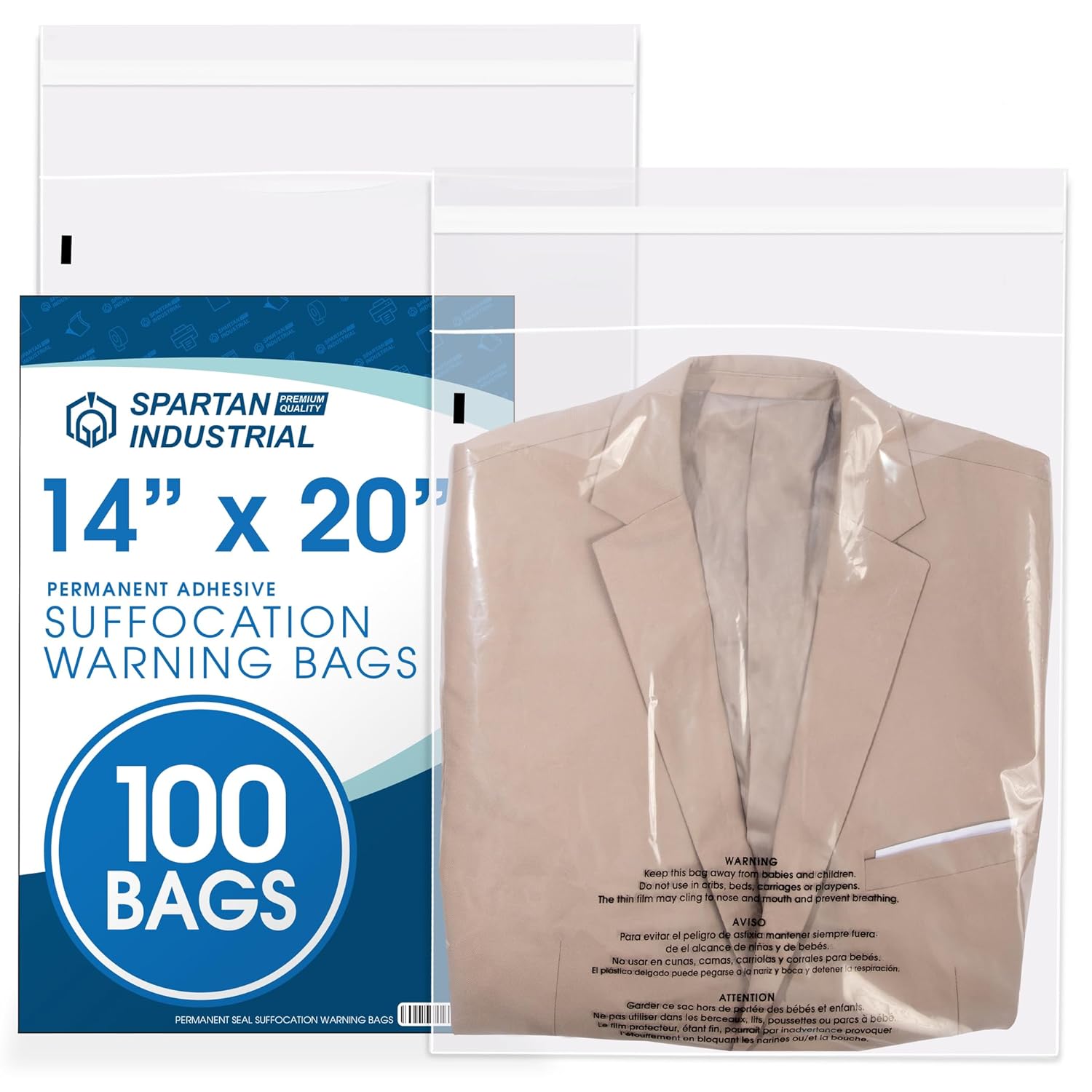 Spartan Industrial - 14” X 20” (100 Count) Self Seal Clear Poly Bags with Suffocation Warning for Packaging, Clothes & Shipping - Permanent Adhesive