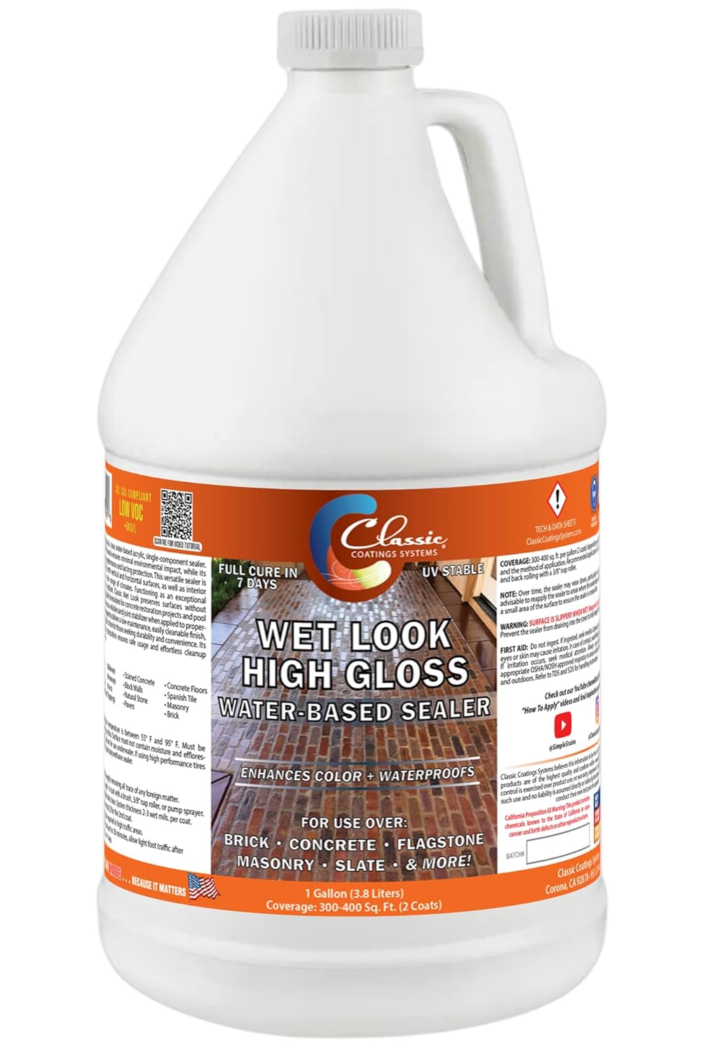 Classic Coatings | Water-Based Sealer | Wet Look, Ready-to-Use | Interior/Exterior Surfaces | Concrete, Brick, Masonry, Flagstone, & More | 1-Gallon Jug