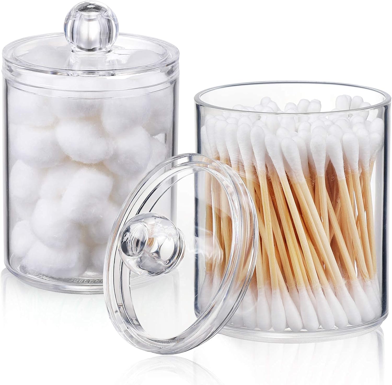 2 Pack Qtip Holder Dispenser for Cotton Ball, Cotton Swab, Cotton Round Pads, Floss - Clear Plastic Apothecary Jar Set for Bathroom Canister Storage Vanity Makeup Organizer (2 Pack)