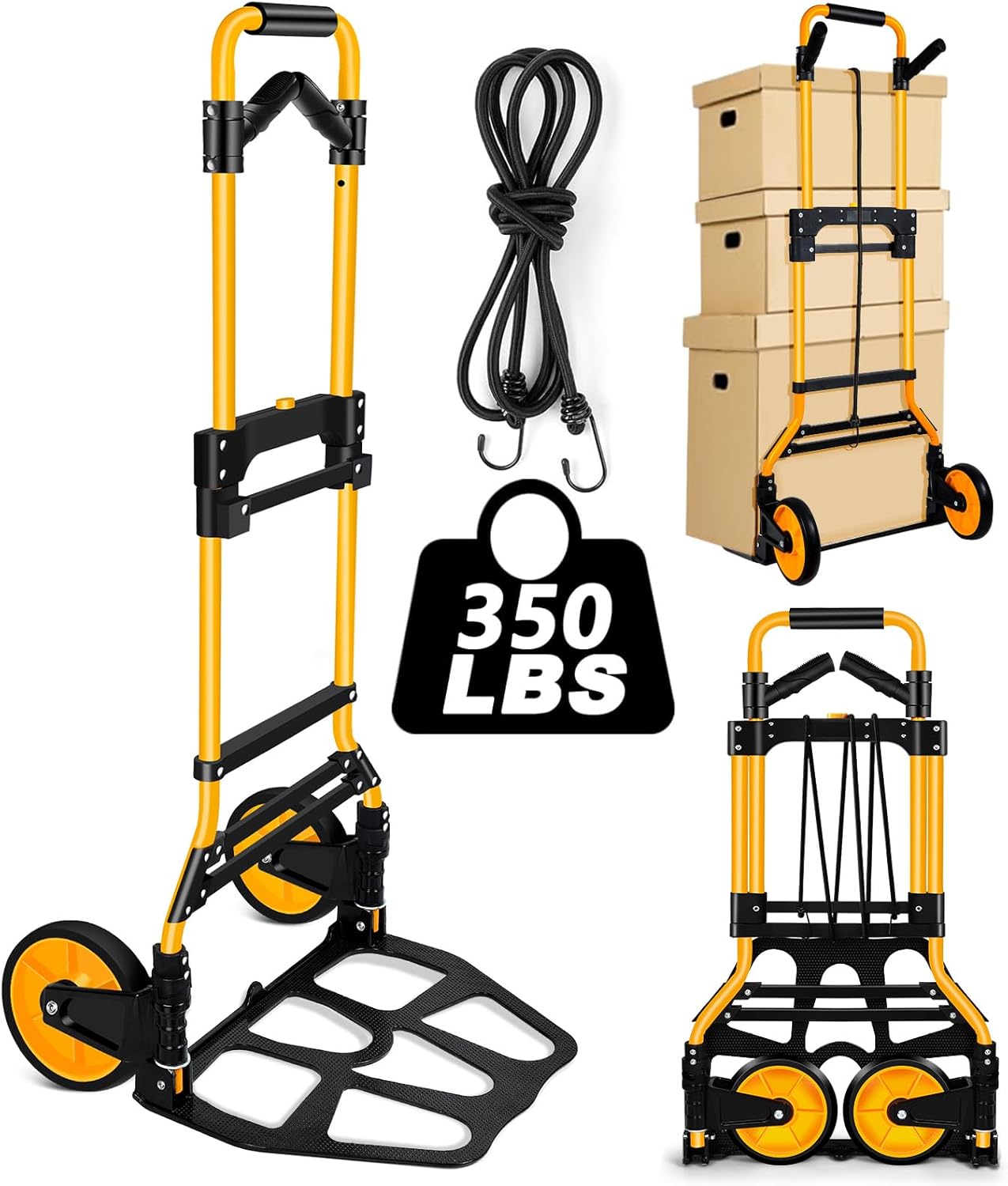 350 LB Capacity Upgraded Folding Hand Truck Dolly,Portable Dolly Cart with Telescoping Handle，Rubber Wheels and Aluminum Wheel Frame for Moving,Shopping,Travel,Office Use
