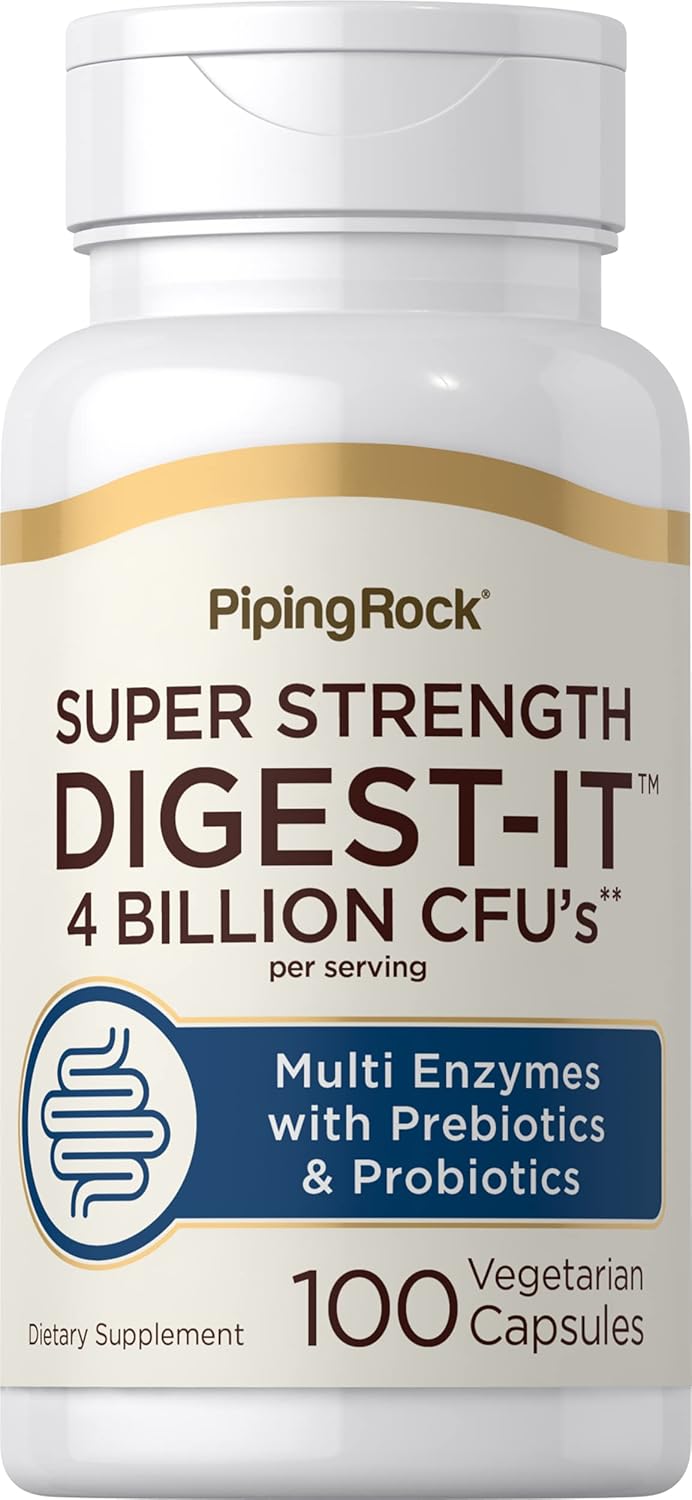 Piping Rock Digestive Enzymes for Women and Men | 100 Capsules | 4 Billion CFU | Multi Supplement with Probiotics and Prebiotics | Extra Strength Pills | Non-GMO, Gluten Free