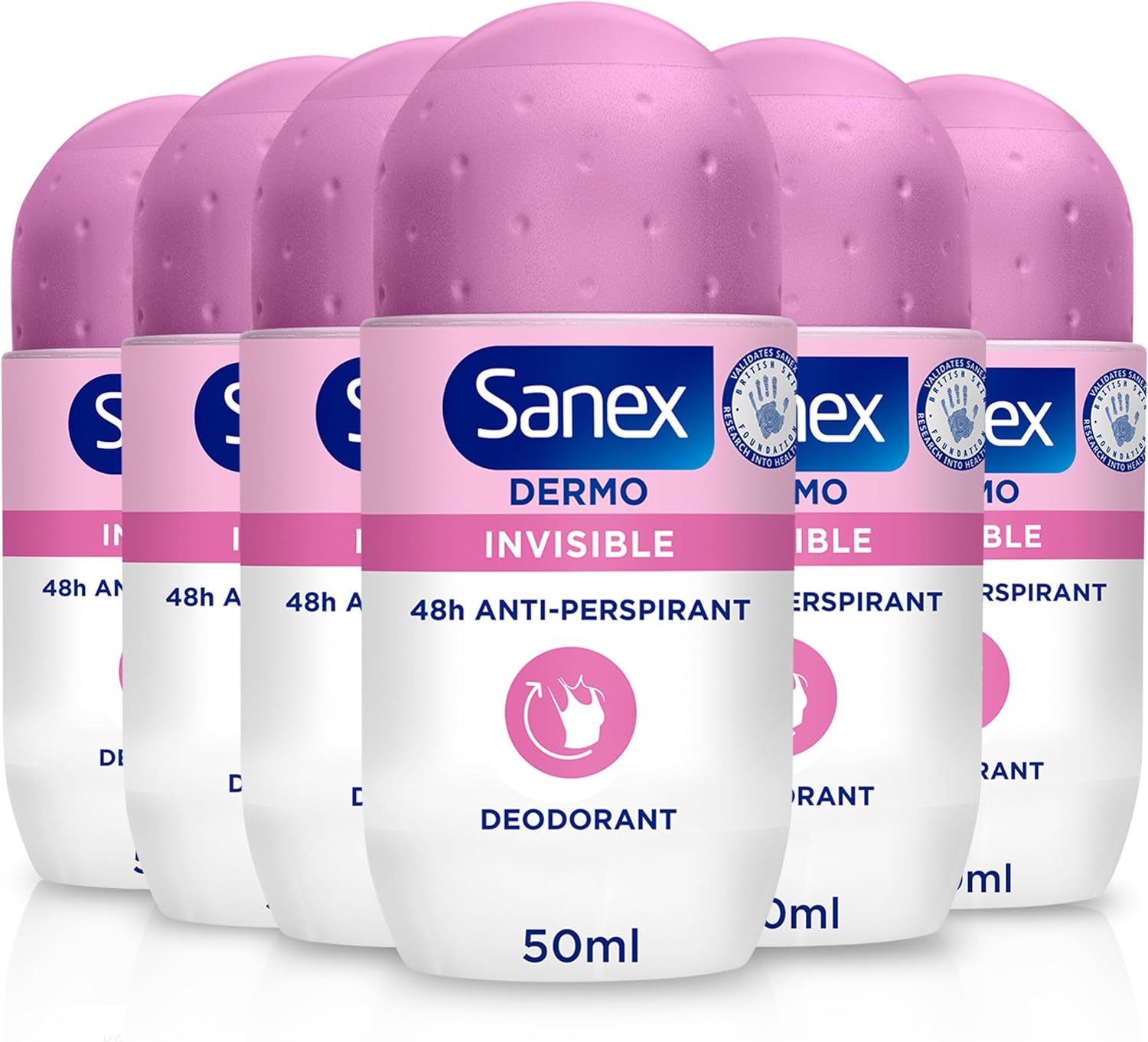 Sanex Dermo Invisible Roll-On Antiperspirant 6x50ml - antiperspirant deodorant - up to 48-hour sweat and odour protection - anti-stain protection - restores skin’s natural pH - dermatologically tested