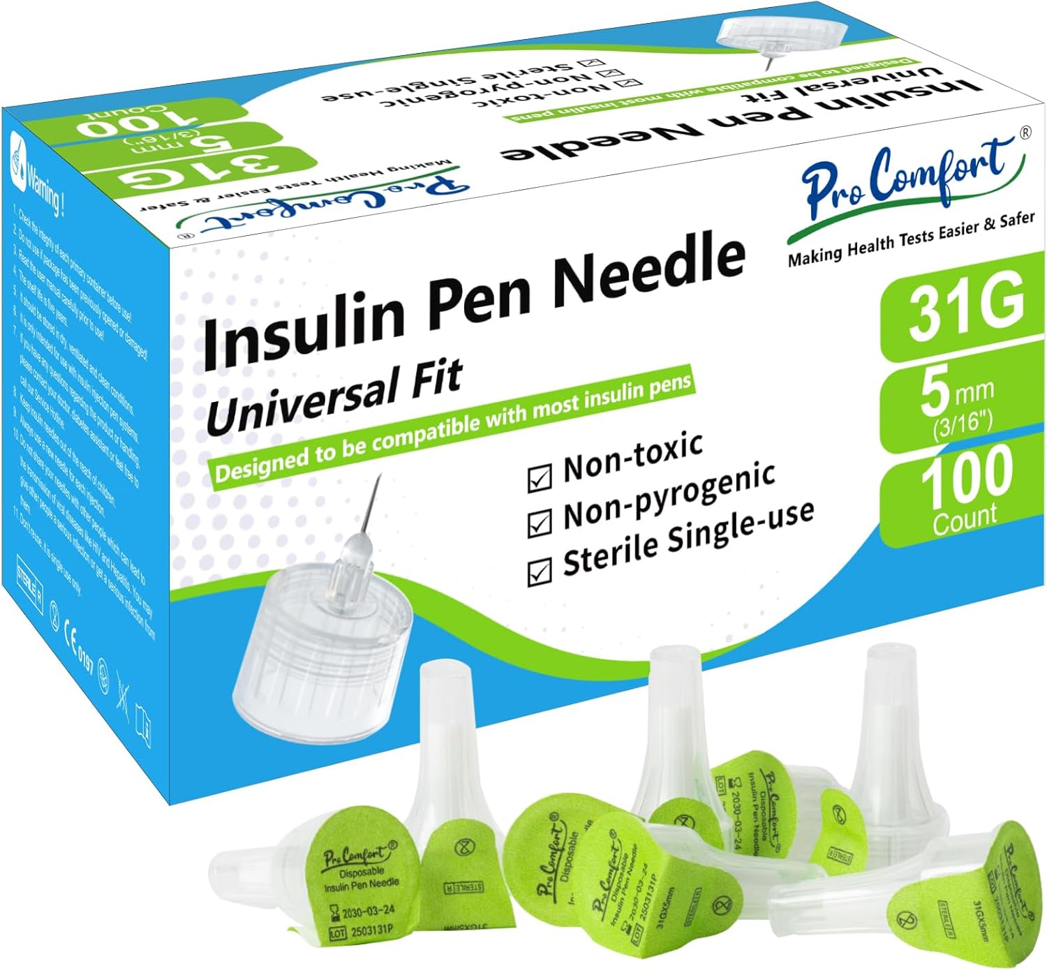 Insulin Pen Needles 31G 5mm (3/16"), Diabetic Needles for Insulin Injections, 100 Ct, Universal Fit, Compatible with Most Pen Injector Device, Super Thin for Diabetes Comfortable Injection