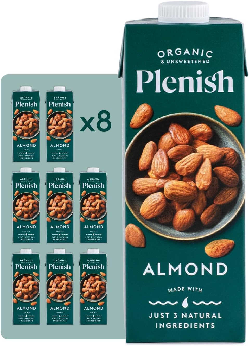 Plenish Unsweetened Organic Almond Milk 1L (Pack of 8)