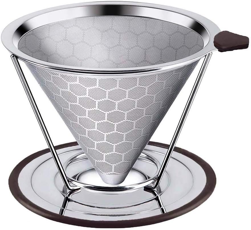 HOMEE Pour Over Coffee Dripper - 304 Stainless Steel Double-layer Coffee Filter fits Hand-grinding Coffee, 1-6 Cups Brew Once a Time Suitable for Families