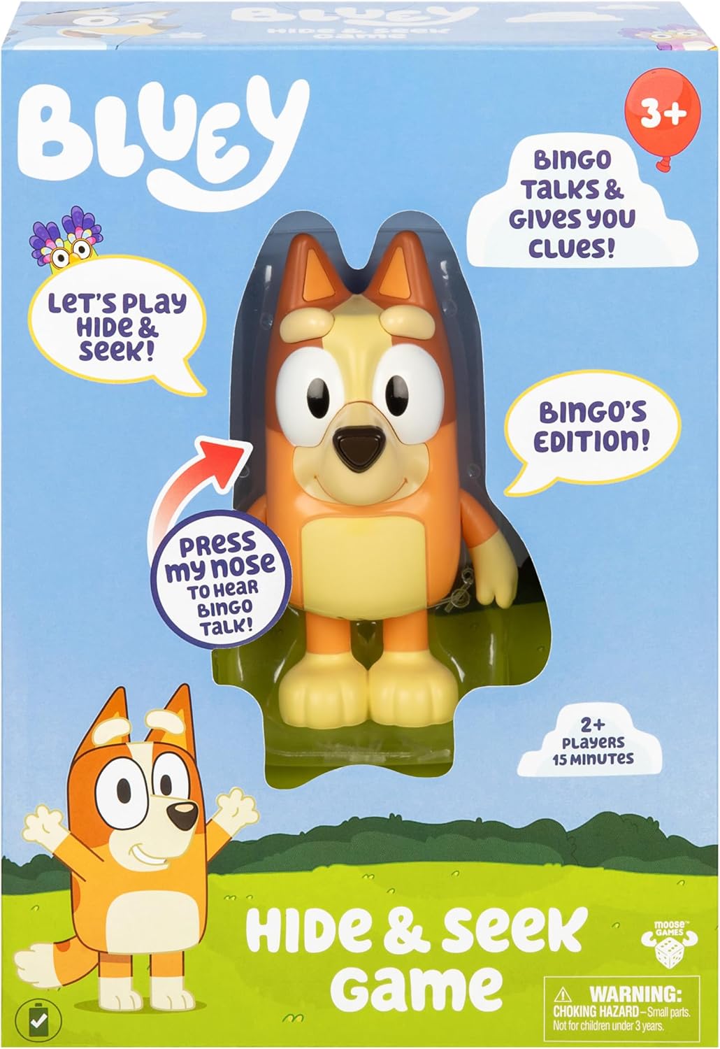 Bluey Hide & Seek Game - Bingo, Hide The Bingo Figure And Press Her Nose To Start The Built-in Timer, Bingo Talks And Giggles To Help Kids Find Her, When Found, Kids Can Dance To Bluey's Theme Song