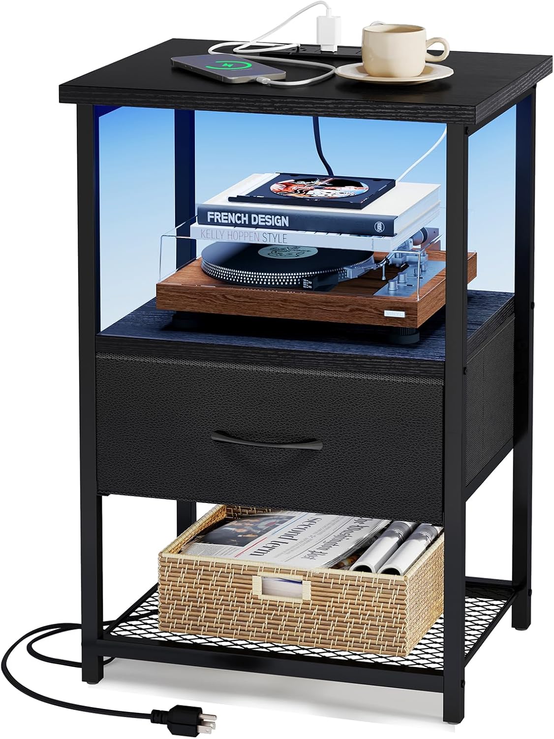 Fixwal Night Stand with Charging Station, LED Nightstand with Fabric Drawers, End Table with PU Finish, Bedside Table, Black
