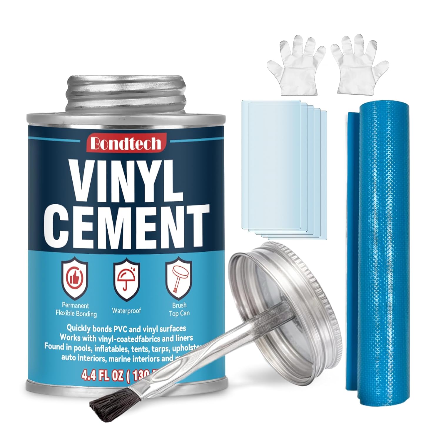 Vinyl Cement with Brush, PVC Cement High Strength, Watertight Seal Vinyl Glue, Flexible Bond for Inflatables, PVC, Pool Liners, Tarps, Hot Tubs, Air Mattresses (4.4 OZ)